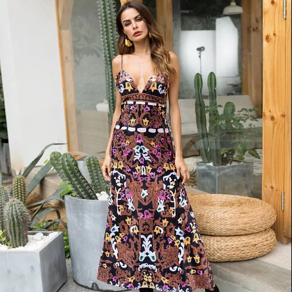 🍒 BROWN MAXI DRESS LONG FLOWER BOHO FLORAL THICK - Picture 5 of 8